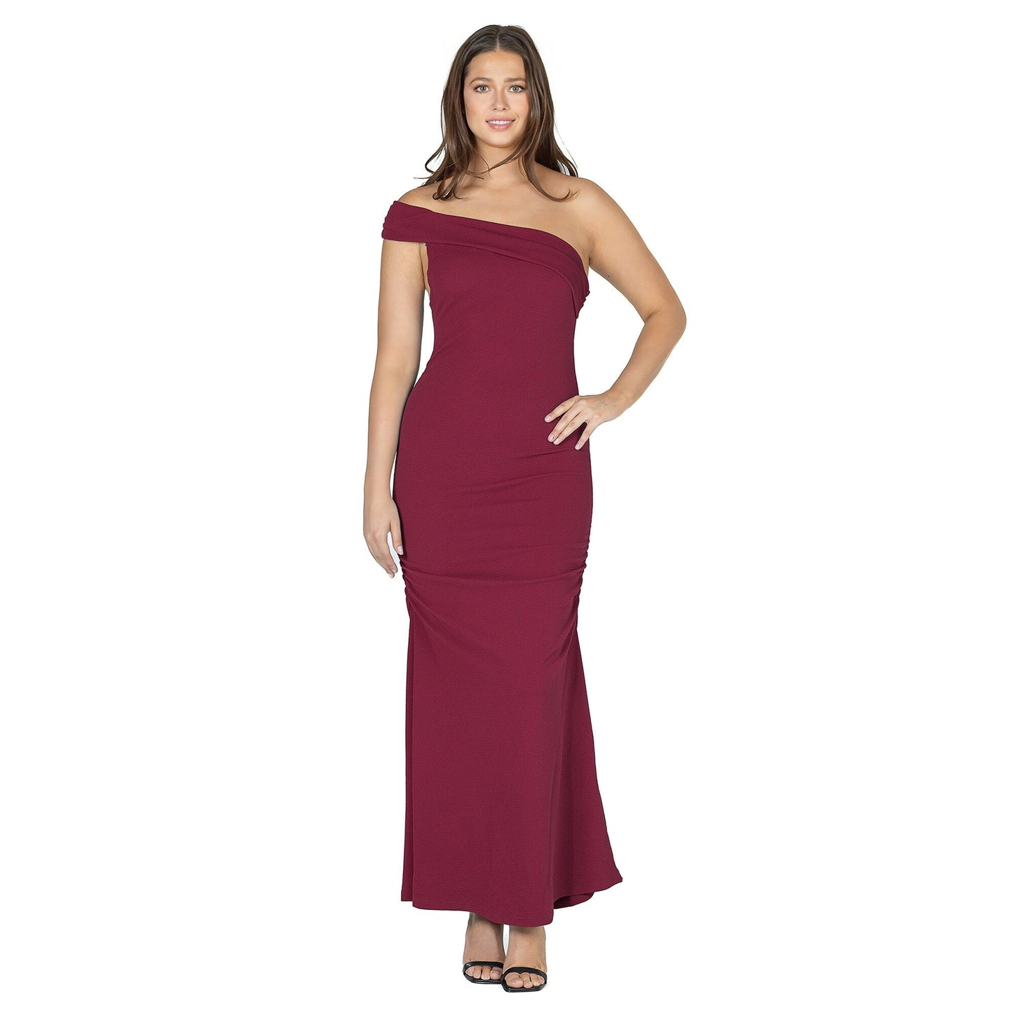 24seven Comfort Apparel Formal One Shoulder Rouched Mermaid Maxi Dress