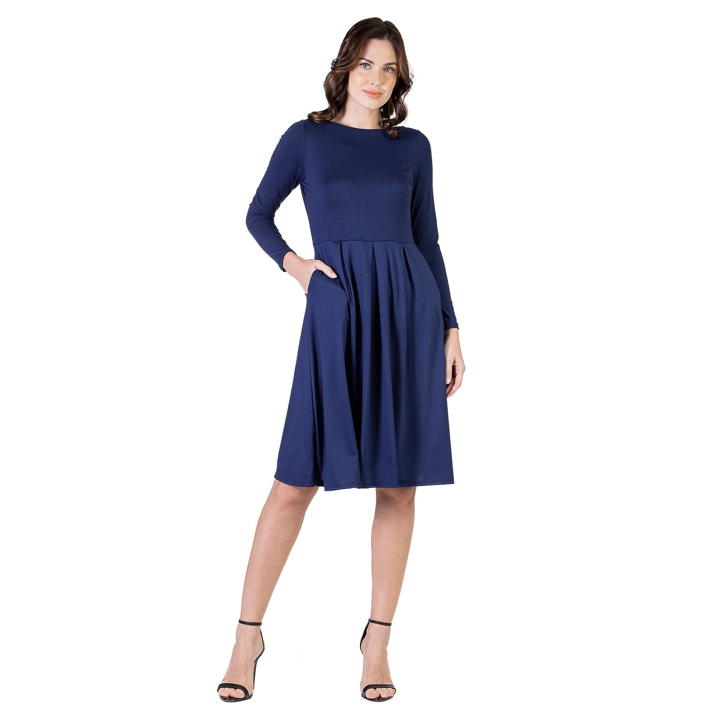 24seven Comfort Apparel Midi Length Fit N Flare Pocket Dress