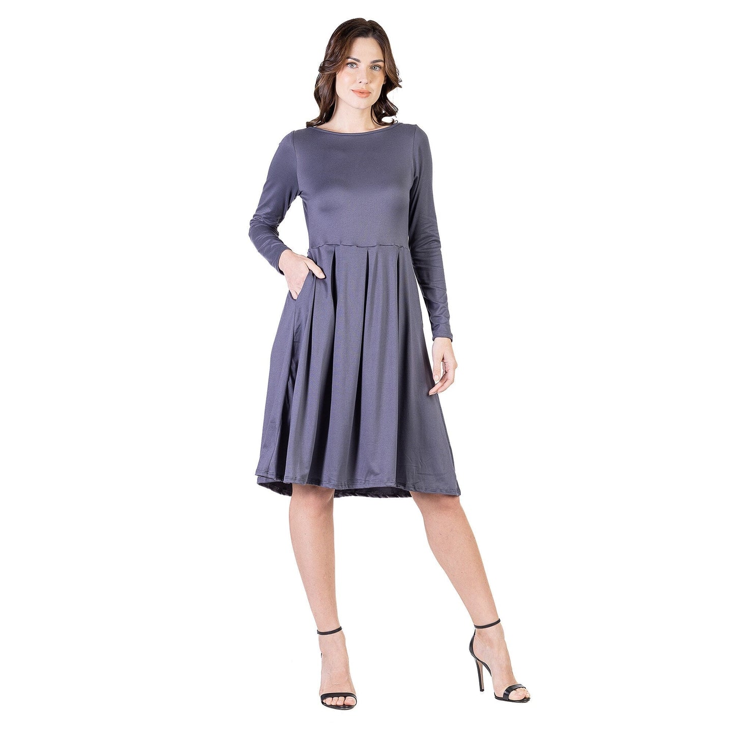 24seven Comfort Apparel Midi Length Fit N Flare Pocket Dress