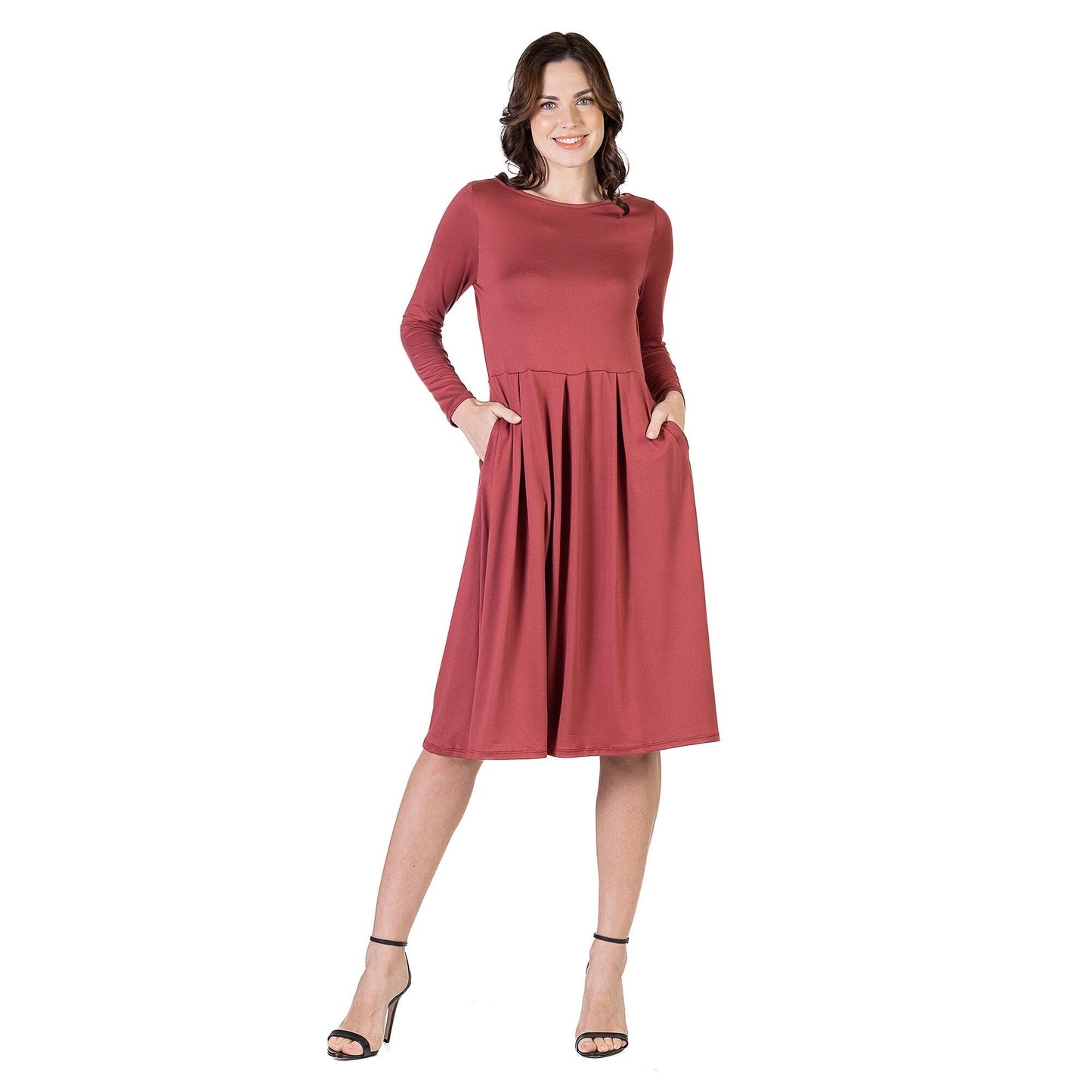 24seven Comfort Apparel Midi Length Fit N Flare Pocket Dress