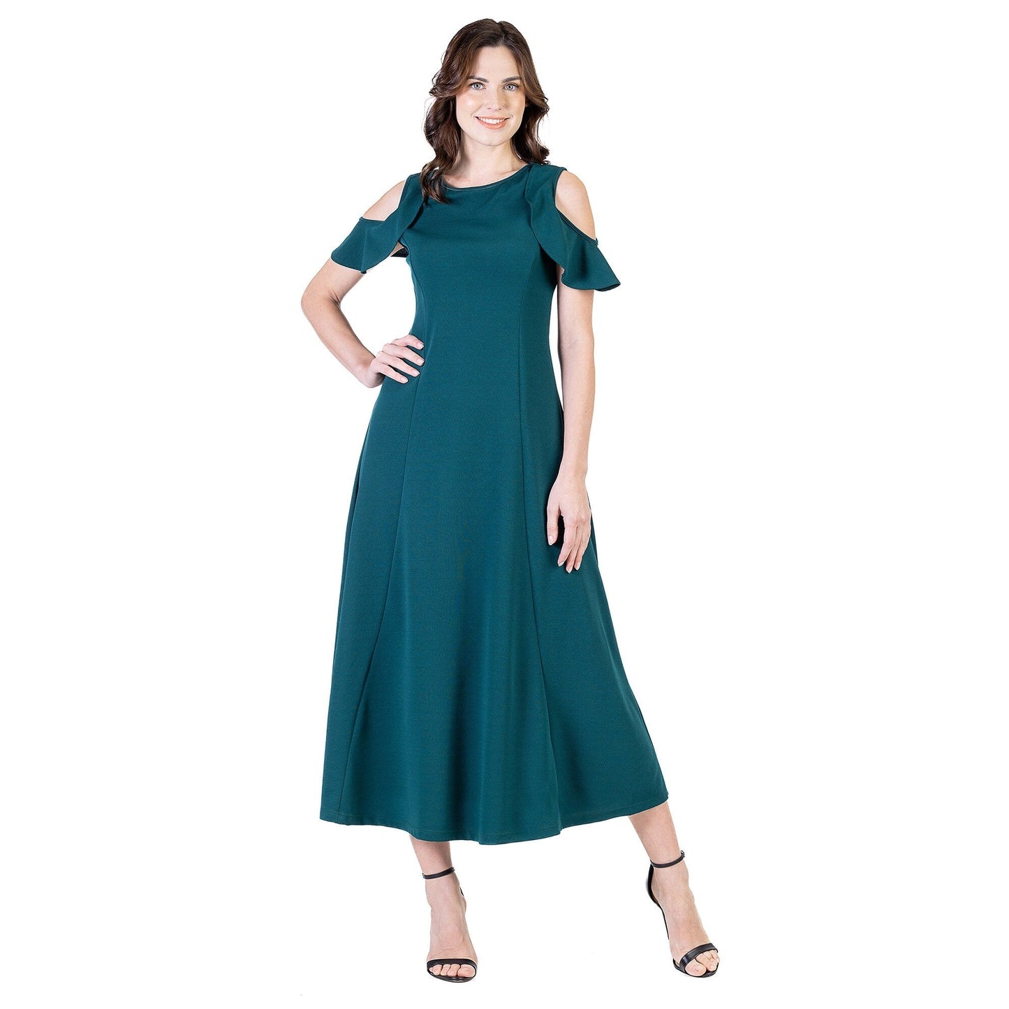 24seven Comfort Apparel Ruffle Cold Shoulder A Line Maxi Dress