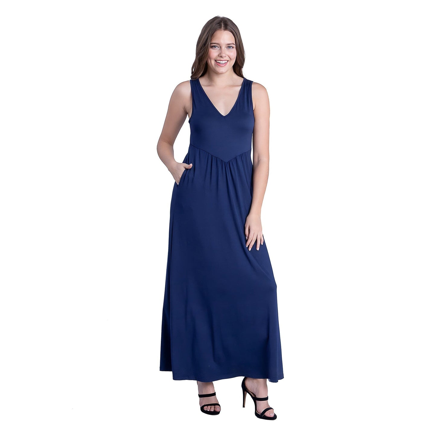 24seven Comfort Apparel Sleeveless V Neck Maxi Dress with Pocket Detail