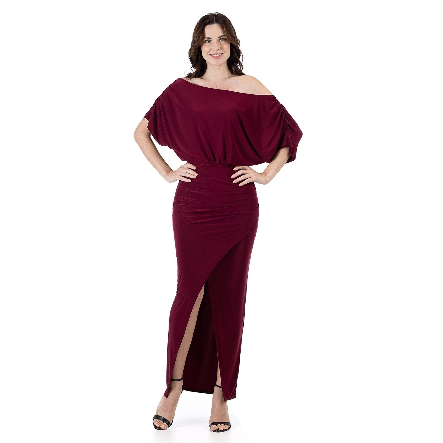 24seven Comfort Apparel Womens Boat Neck Batwing Sleeve Slit Maxi Dress