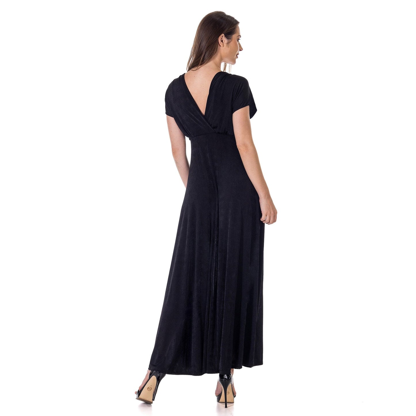 24seven Comfort Apparel Womens Flutter Sleeve Metallic Knit Maxi Dress Front Slit Empire Waist