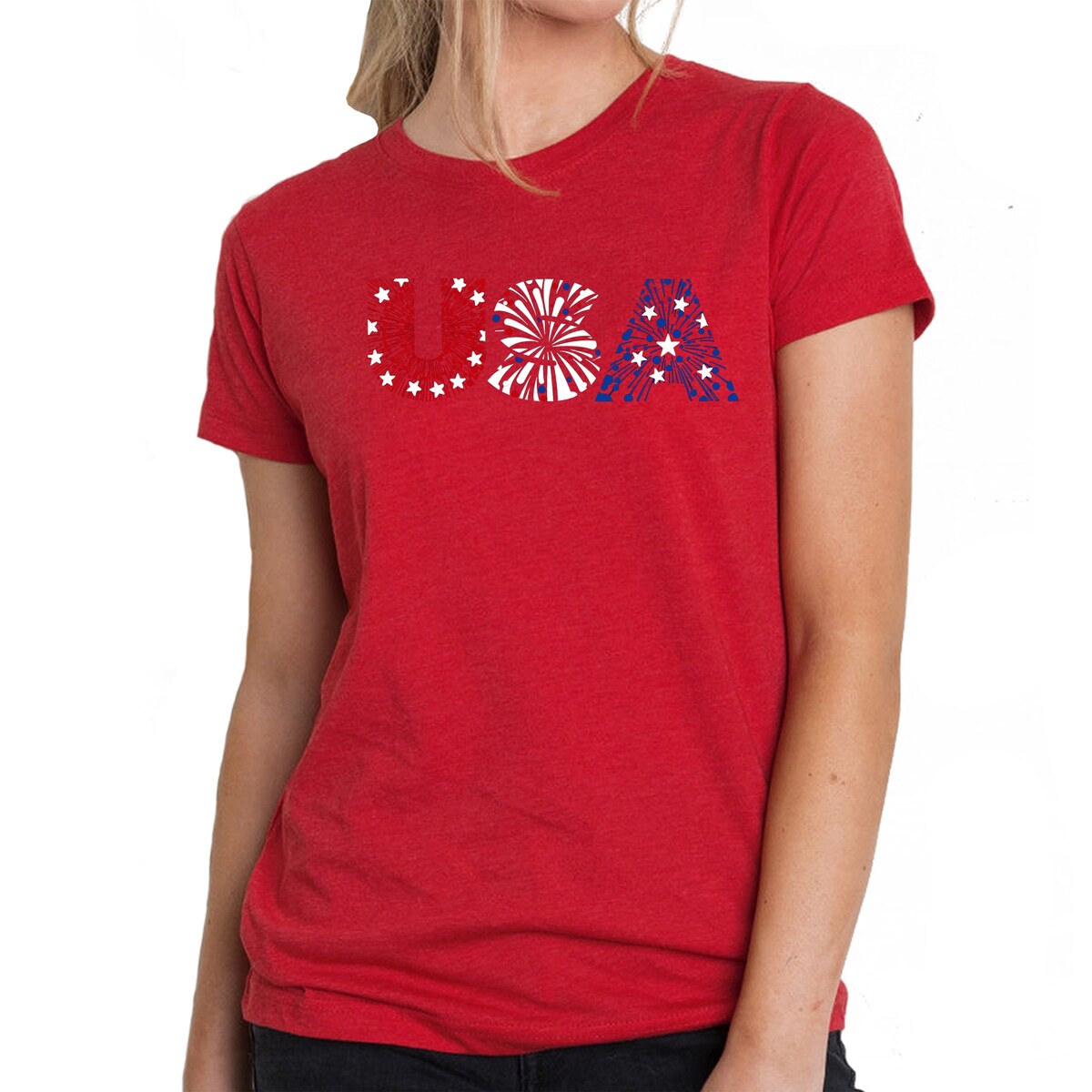 LA Pop Art Women s Premium Blend Word Art T-Shirt USA Fireworks