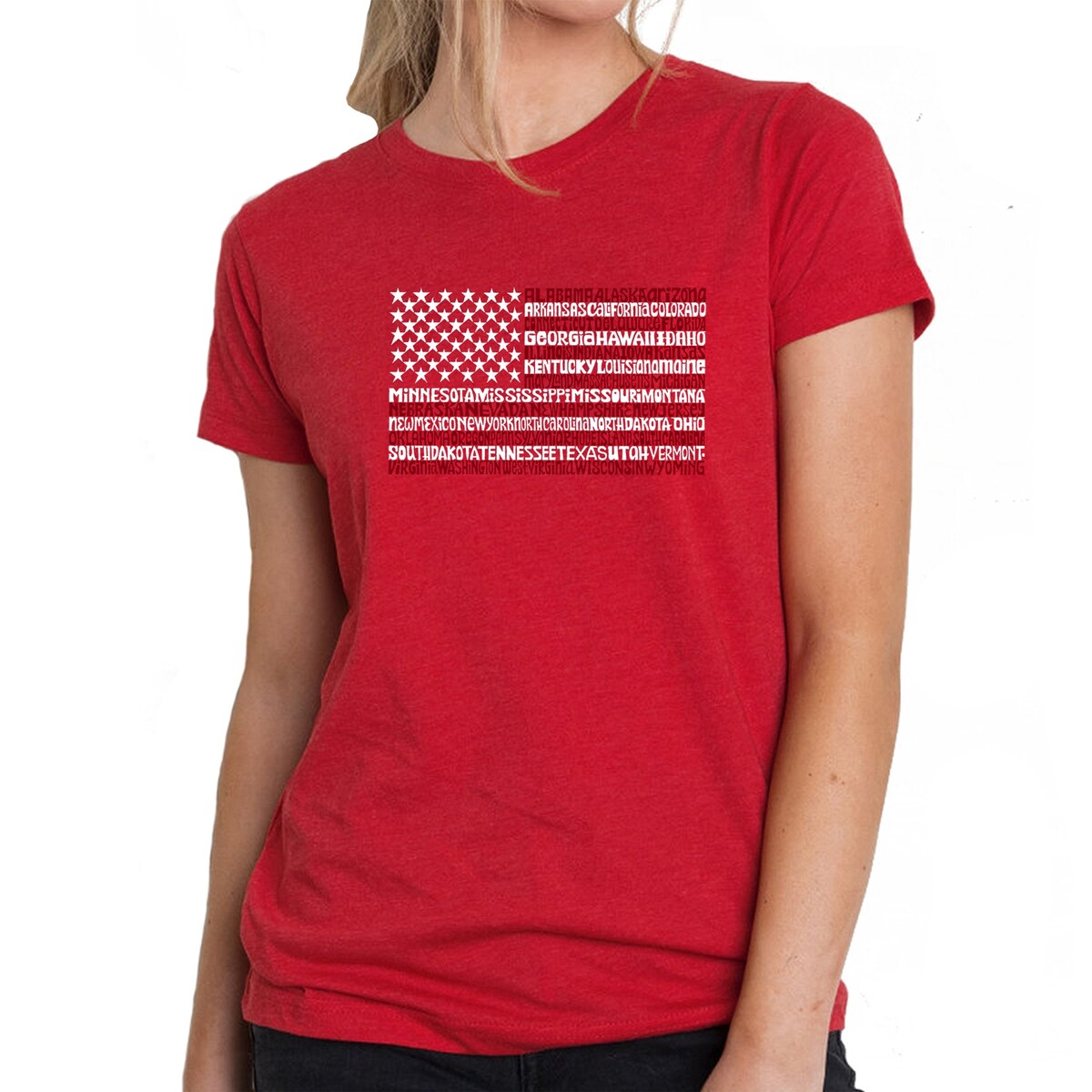 LA Pop Art Women s Premium Blend Word Art T-shirt 50 States USA Flag