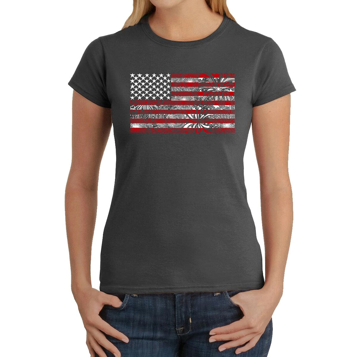 LA Pop Art Women s Word Art T-Shirt Fireworks American Flag