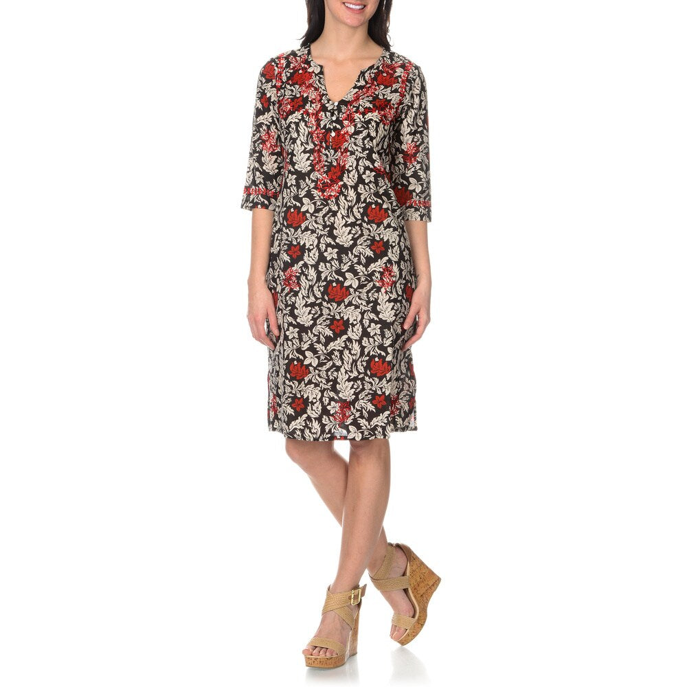 La Cera Women s Black/Red Embroidered Printed Dress