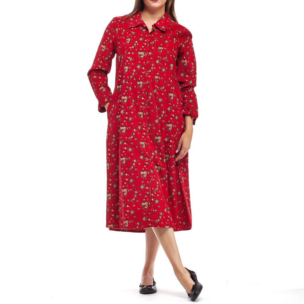 La Cera Women s Red Cotton Long-sleeved Coduroy Dress