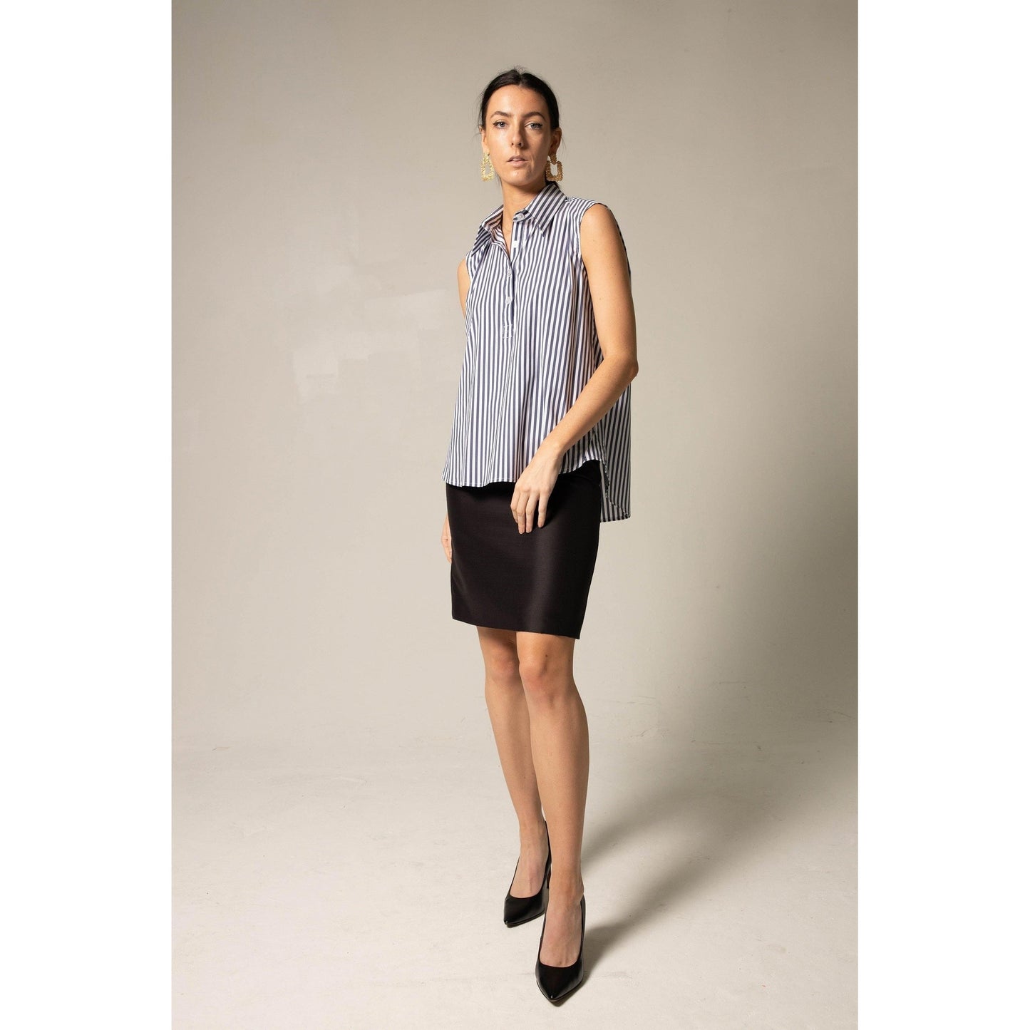 The Olivia Sleeveless Blue Stripe Blouse in Italian Cotton