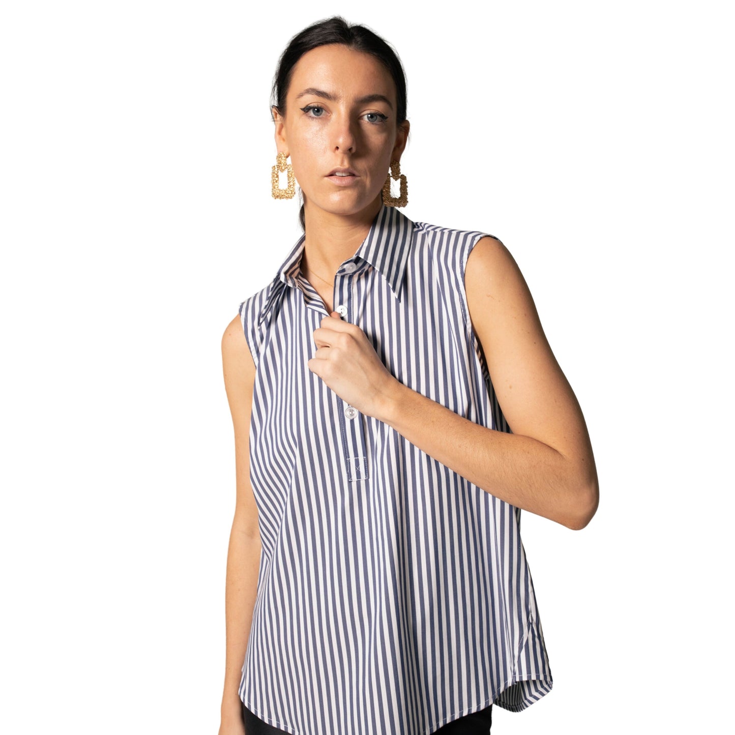 The Olivia Sleeveless Blue Stripe Blouse in Italian Cotton