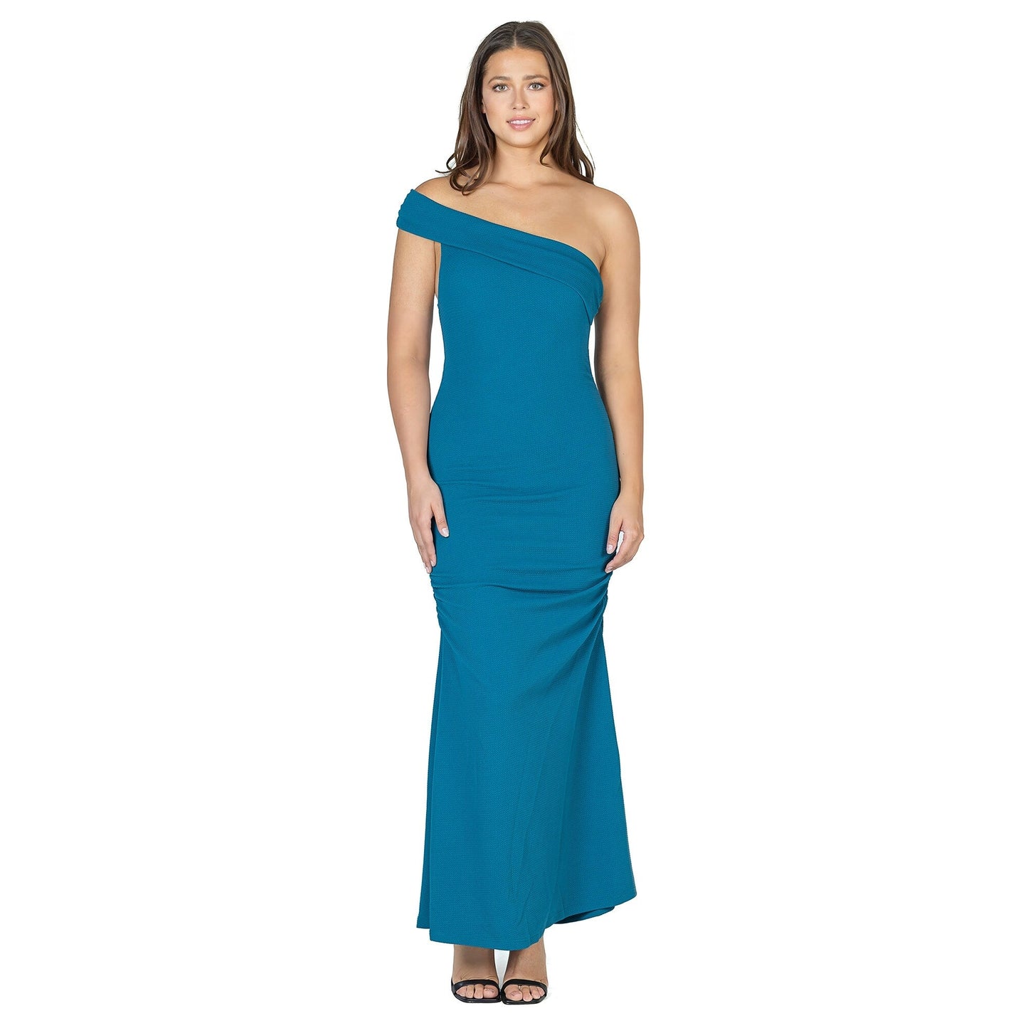 24seven Comfort Apparel Formal One Shoulder Rouched Mermaid Maxi Dress