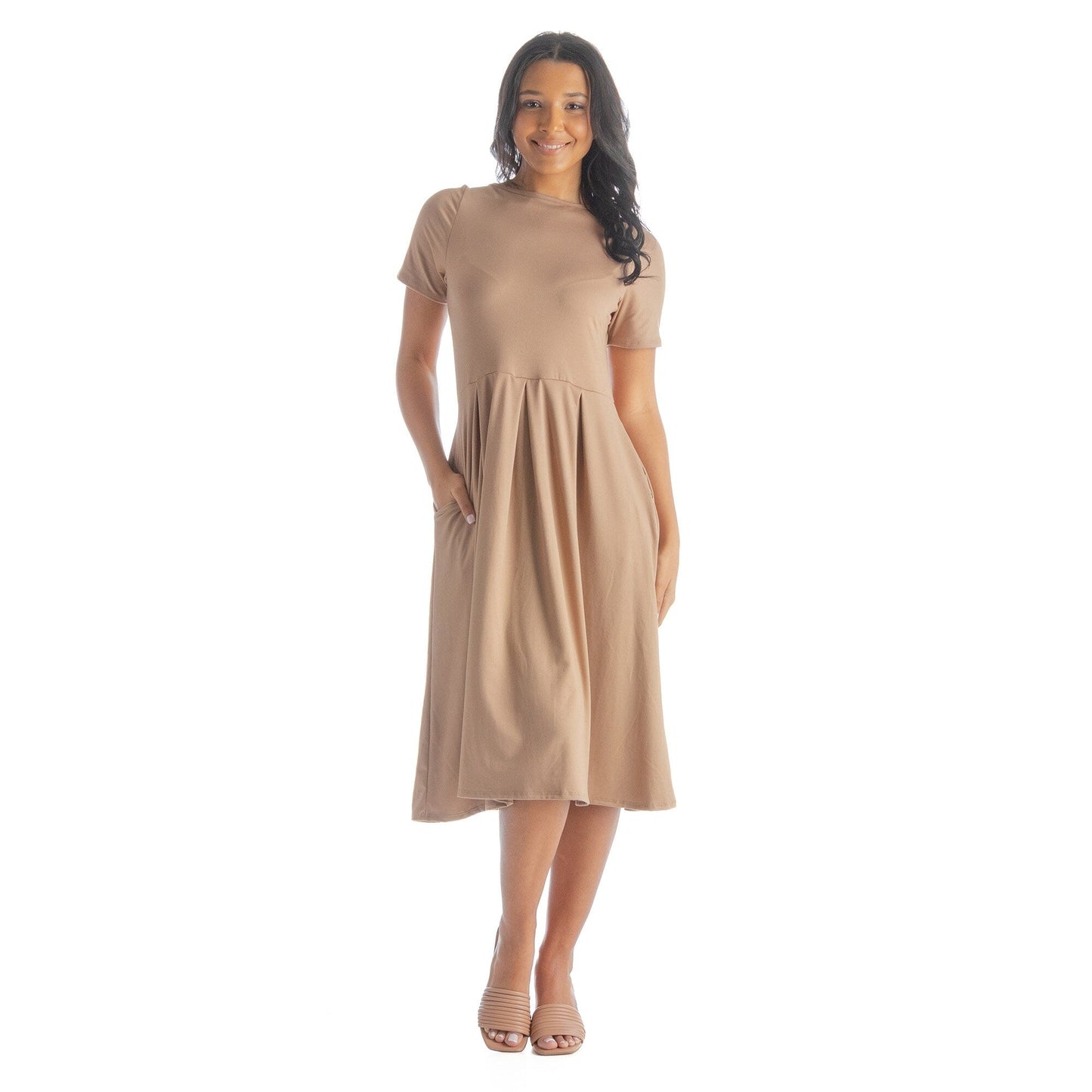 24seven Comfort Apparel Midi Dress with Short Sleeves and Pocket Detail