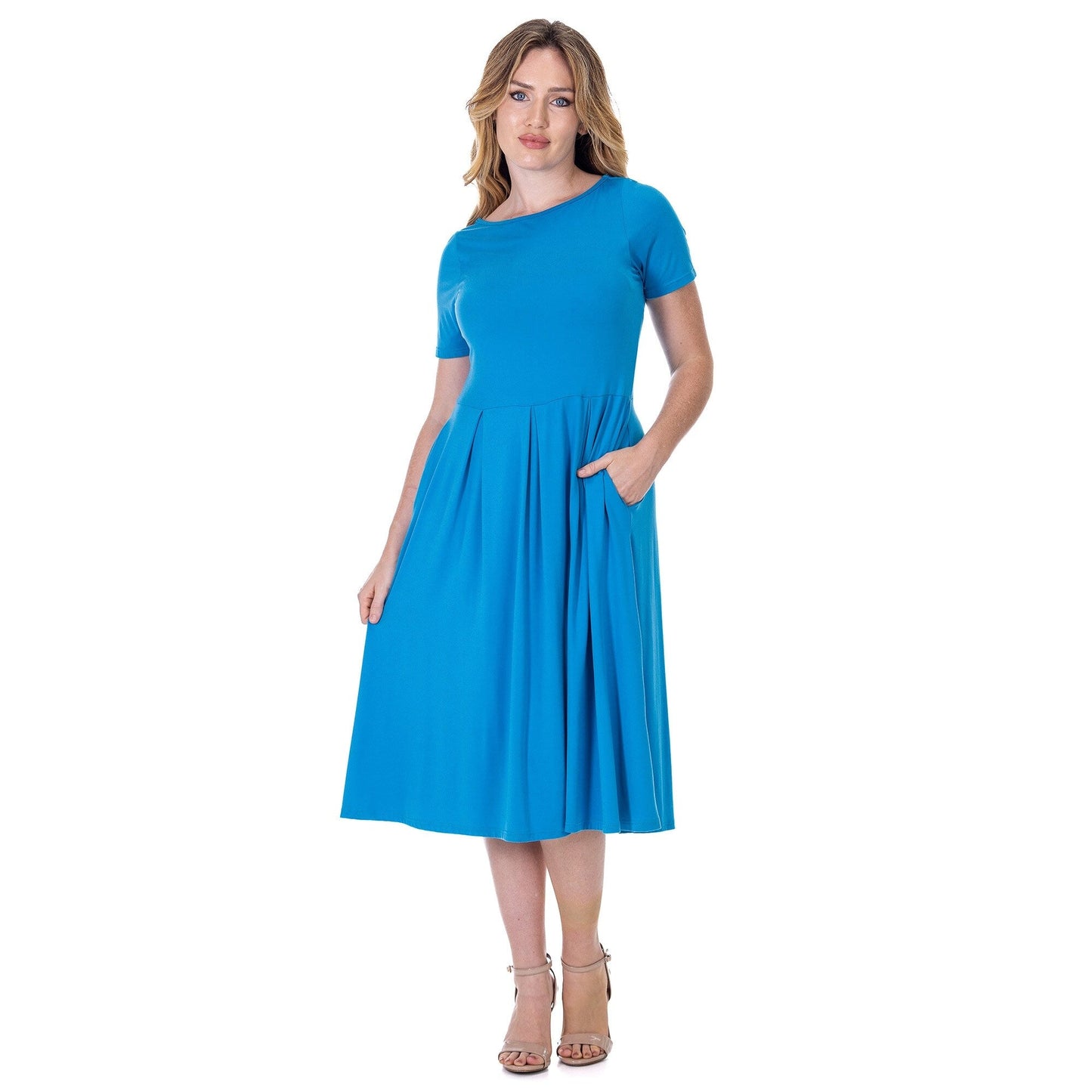 24seven Comfort Apparel Midi Dress with Short Sleeves and Pocket Detail