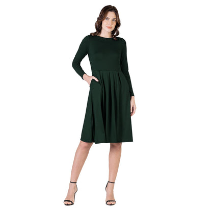 24seven Comfort Apparel Midi Length Fit N Flare Pocket Dress