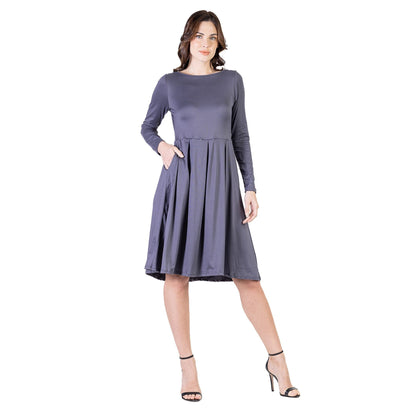 24seven Comfort Apparel Midi Length Fit N Flare Pocket Dress