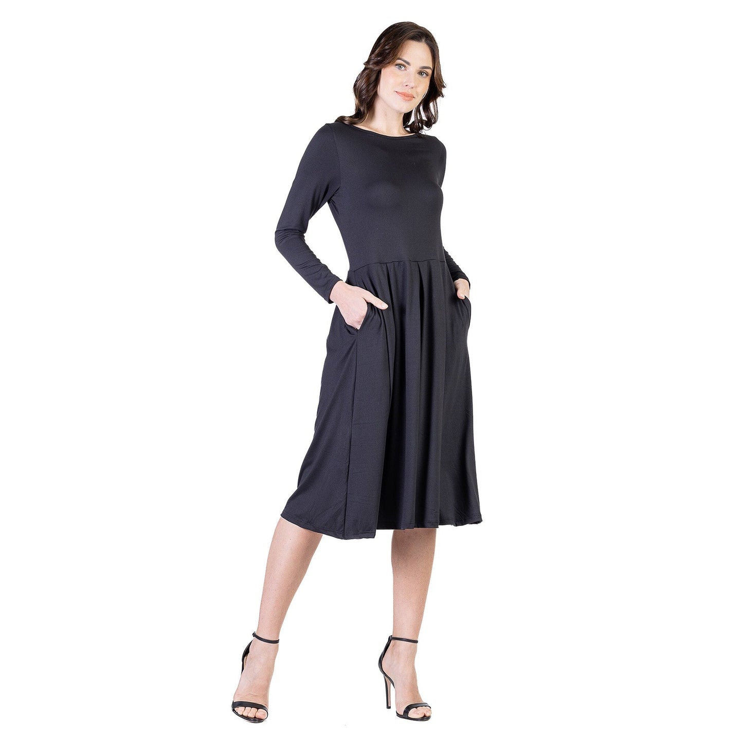 24seven Comfort Apparel Midi Length Fit N Flare Pocket Dress