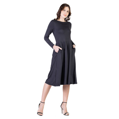 24seven Comfort Apparel Midi Length Fit N Flare Pocket Dress