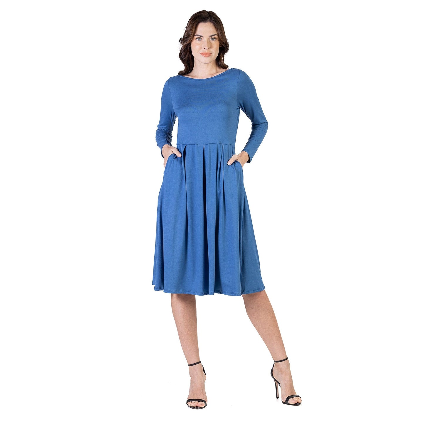 24seven Comfort Apparel Midi Length Fit N Flare Pocket Dress