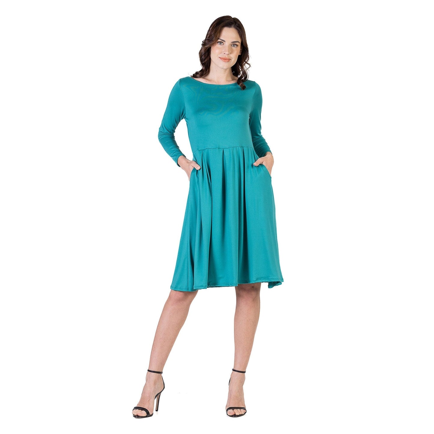 24seven Comfort Apparel Midi Length Fit N Flare Pocket Dress