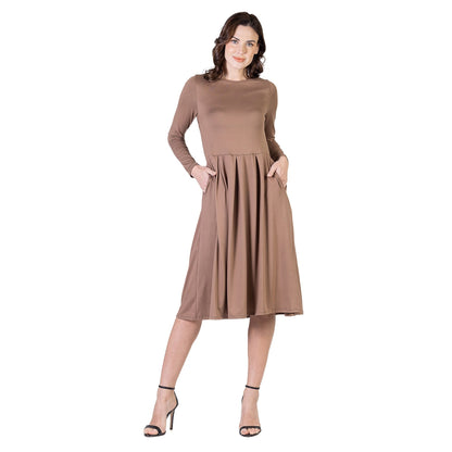 24seven Comfort Apparel Midi Length Fit N Flare Pocket Dress