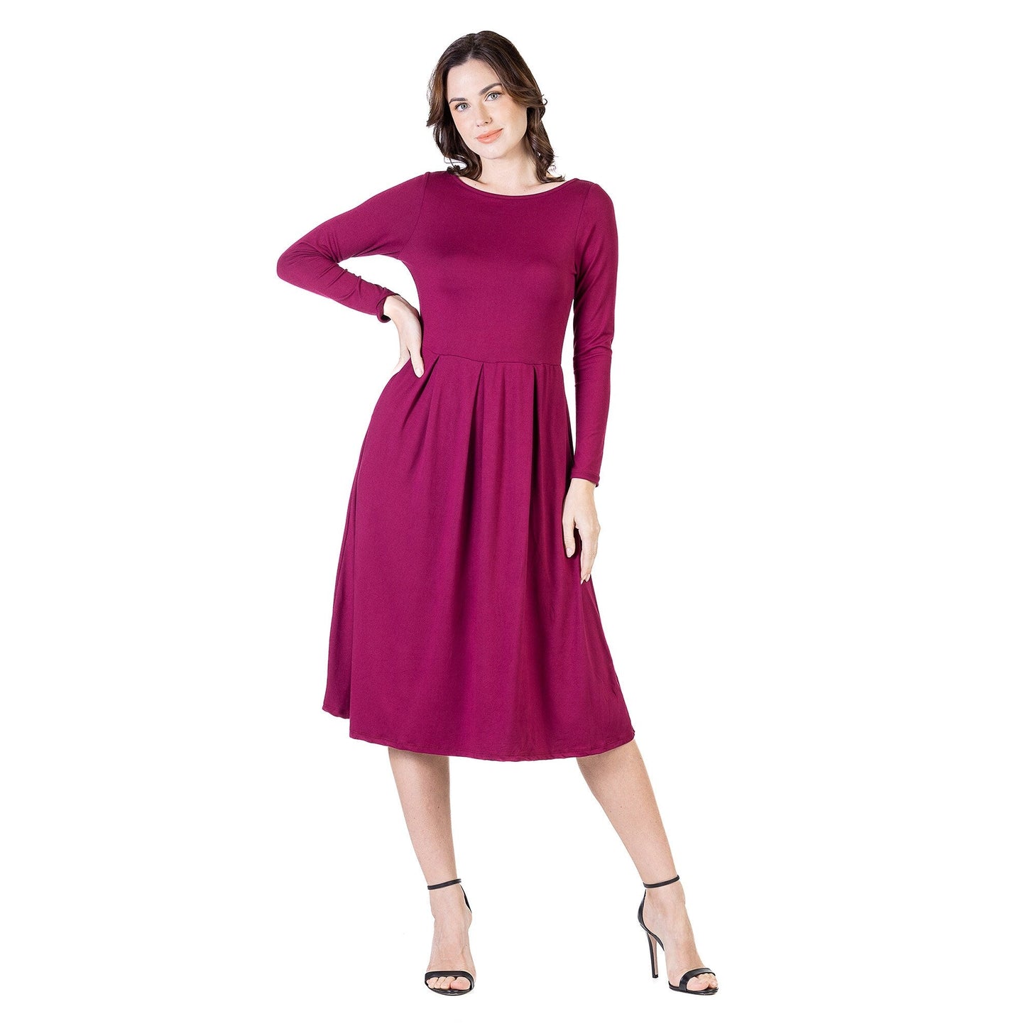 24seven Comfort Apparel Midi Length Fit N Flare Pocket Dress