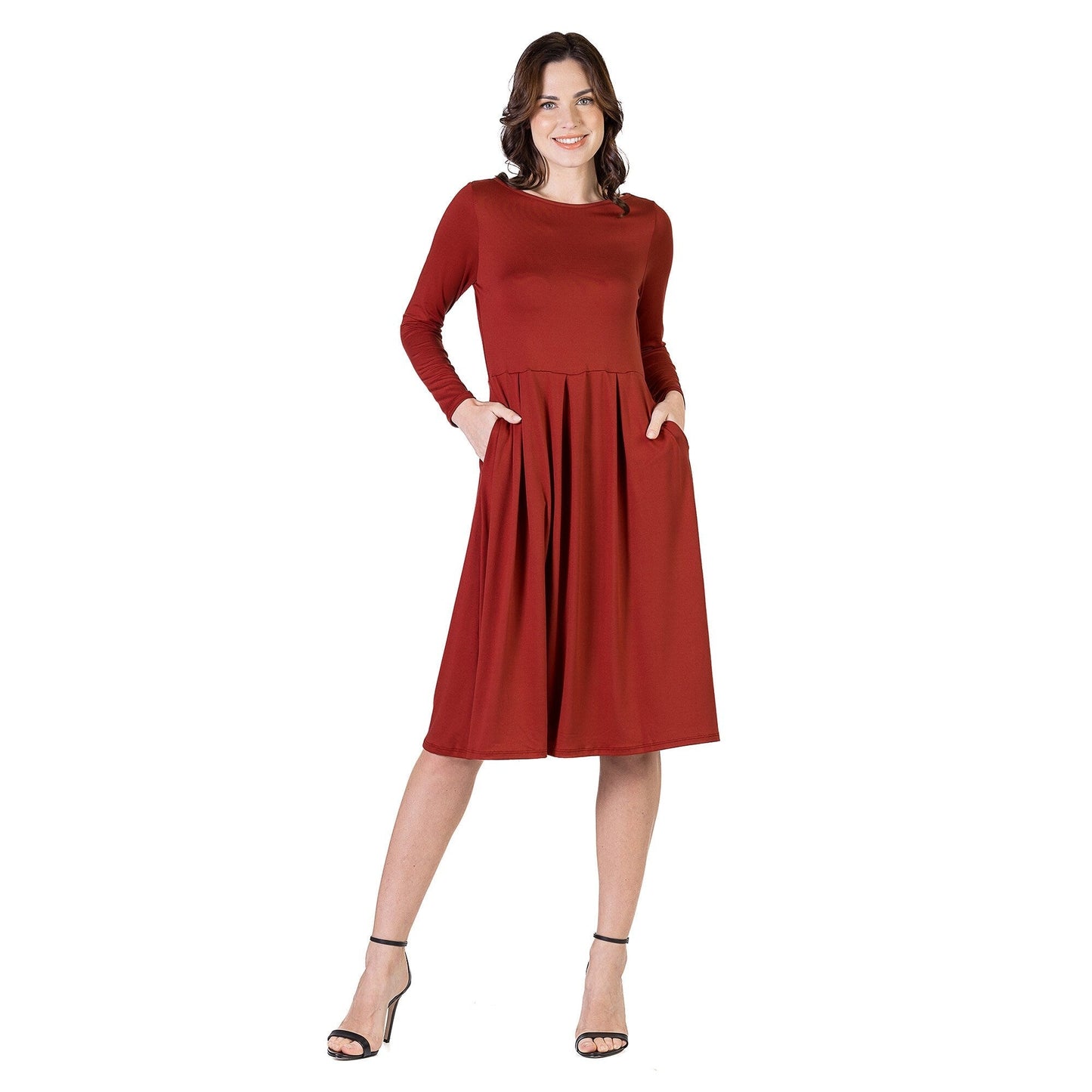 24seven Comfort Apparel Midi Length Fit N Flare Pocket Dress