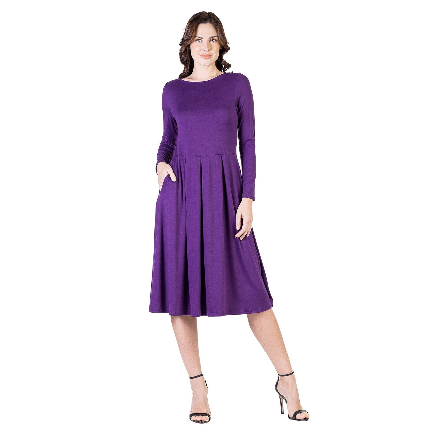 24seven Comfort Apparel Midi Length Fit N Flare Pocket Dress