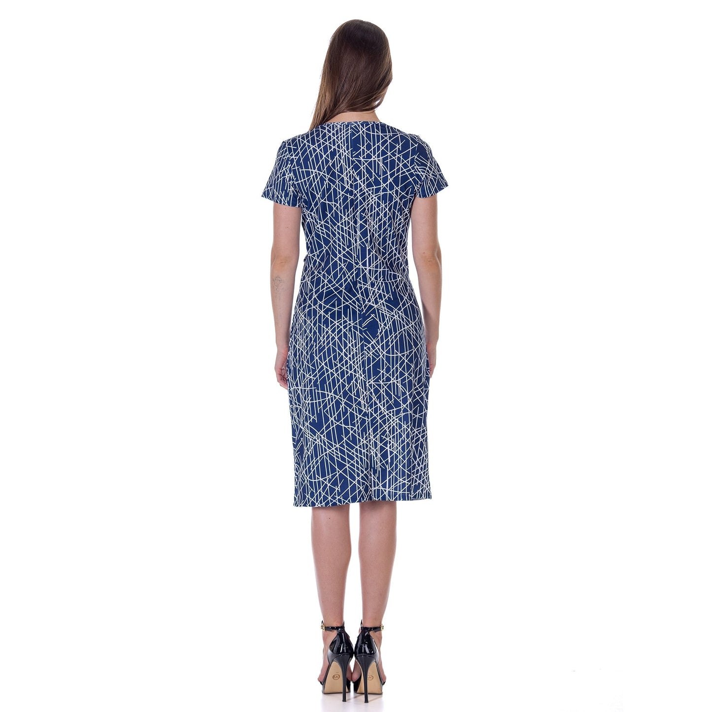 24seven Comfort Apparel Navy Geometric Print Knee Length Short Sleeve Faux Wrap Dress
