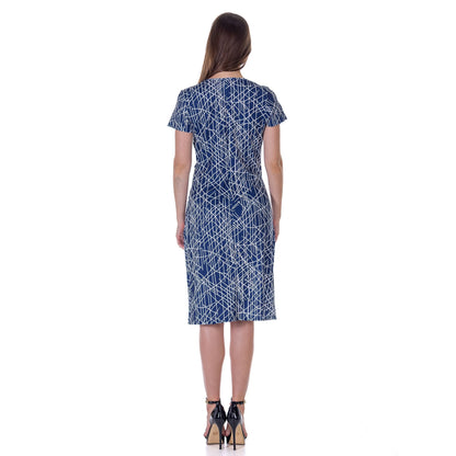 24seven Comfort Apparel Navy Geometric Print Knee Length Short Sleeve Faux Wrap Dress