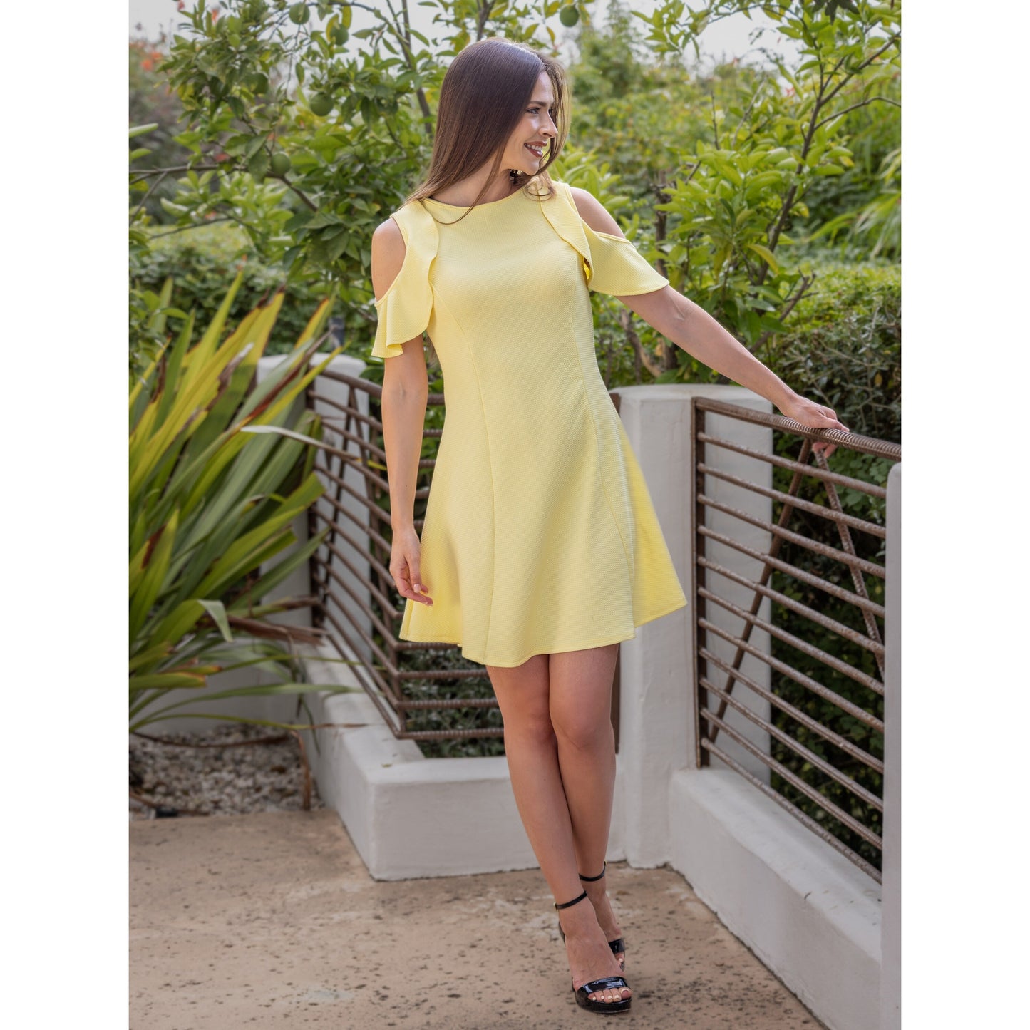24seven Comfort Apparel Ruffle Cold Shoulder A Line Knee Length Dress