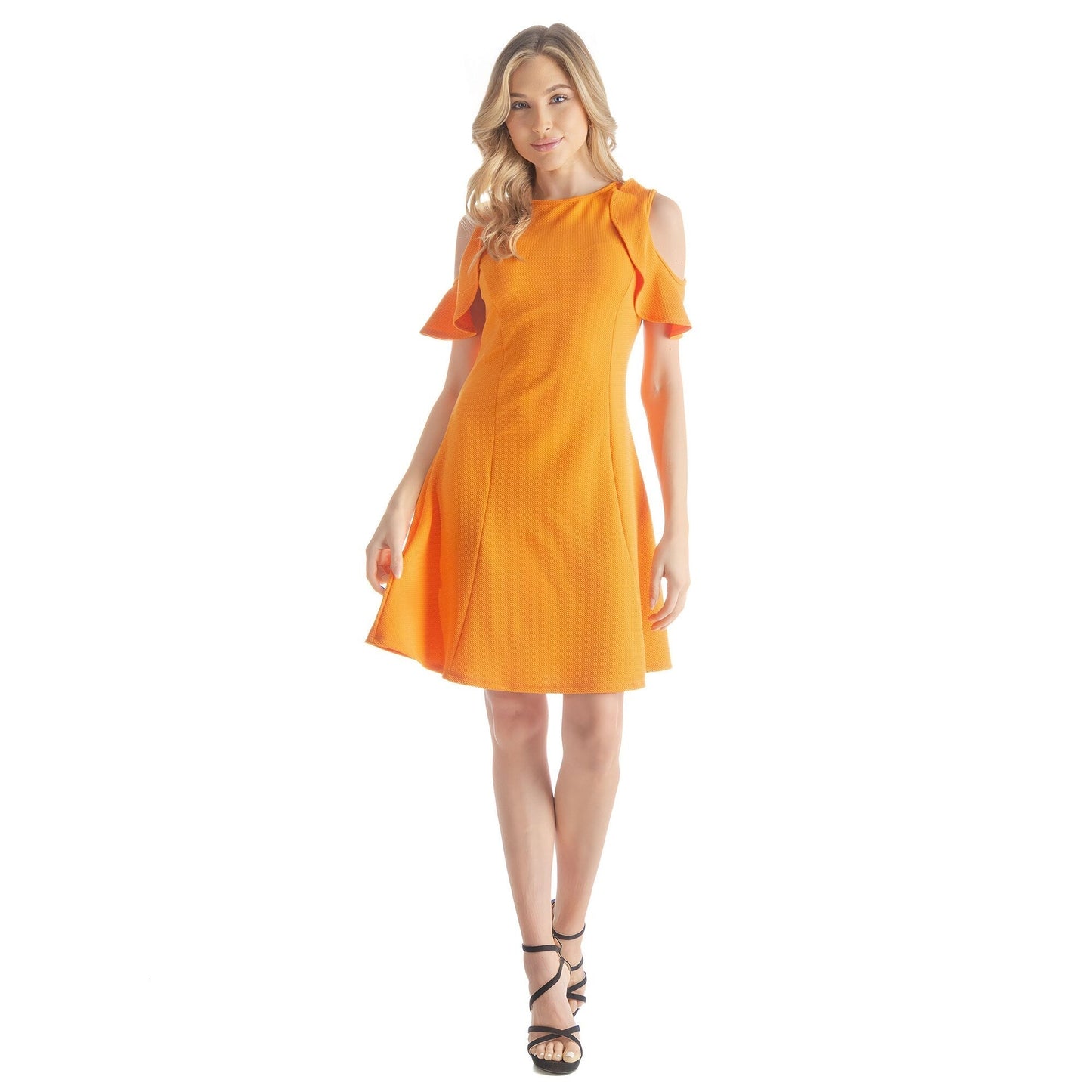 24seven Comfort Apparel Ruffle Cold Shoulder A Line Knee Length Dress