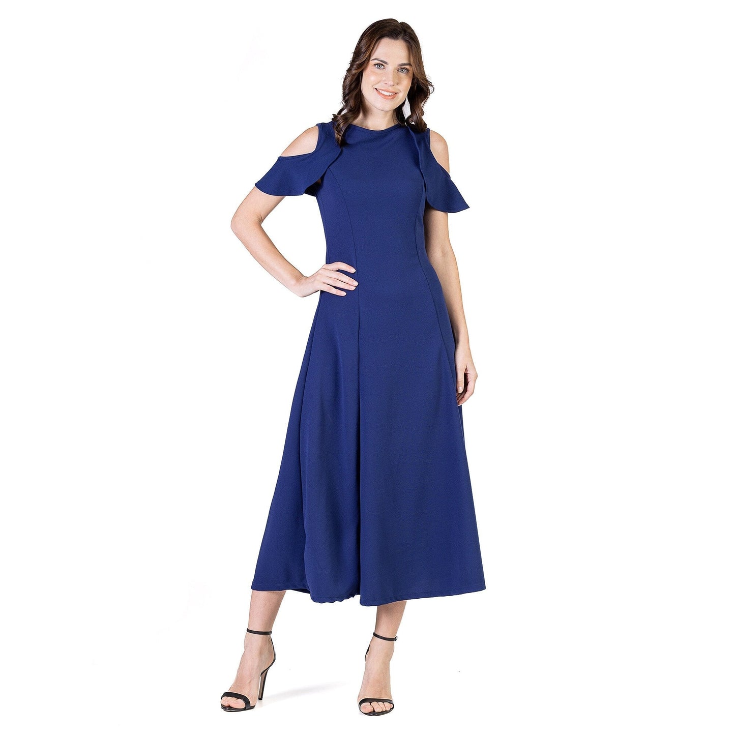 24seven Comfort Apparel Ruffle Cold Shoulder A Line Maxi Dress