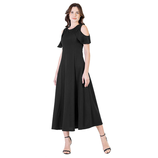 24seven Comfort Apparel Ruffle Cold Shoulder A Line Maxi Dress
