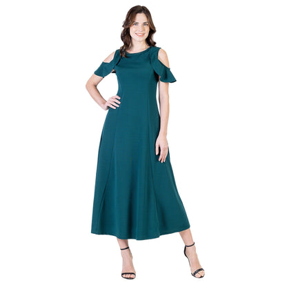 24seven Comfort Apparel Ruffle Cold Shoulder A Line Maxi Dress
