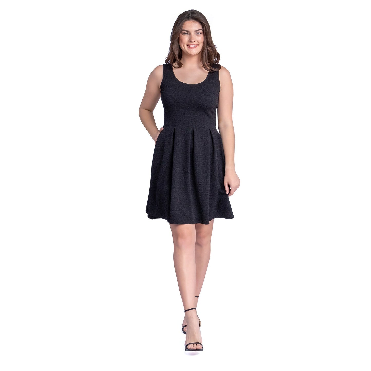 24seven Comfort Apparel Sleeveless Pleated Skater Dress with Pockets