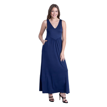 24seven Comfort Apparel Sleeveless V Neck Maxi Dress with Pocket Detail
