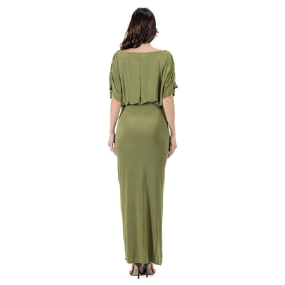 24seven Comfort Apparel Womens Boat Neck Batwing Sleeve Slit Maxi Dress