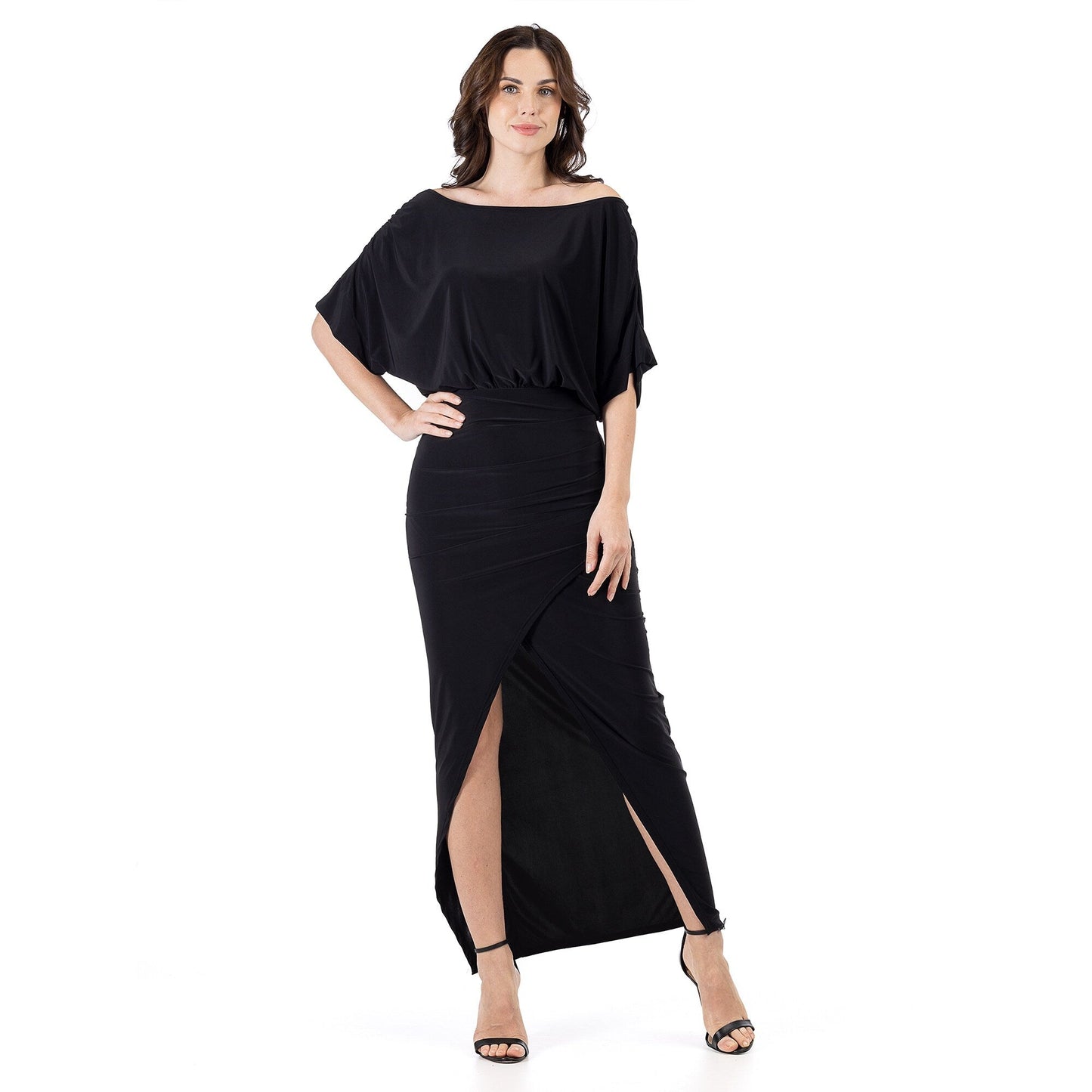 24seven Comfort Apparel Womens Boat Neck Batwing Sleeve Slit Maxi Dress
