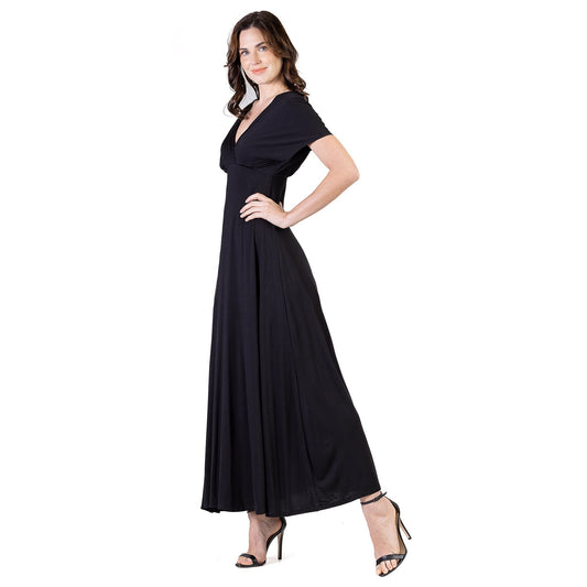 24seven Comfort Apparel Womens Cap Sleeve V Neck Maxi Dress