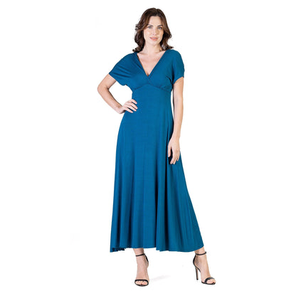 24seven Comfort Apparel Womens Cap Sleeve V Neck Maxi Dress