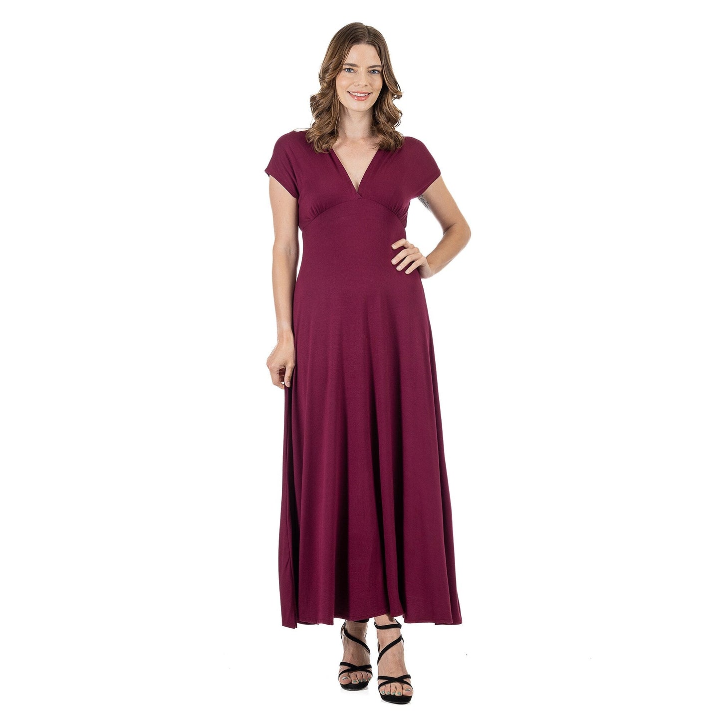 24seven Comfort Apparel Womens Cap Sleeve V Neck Maxi Dress