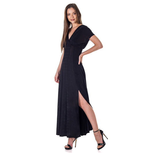 24seven Comfort Apparel Womens Flutter Sleeve Metallic Knit Maxi Dress Front Slit Empire Waist