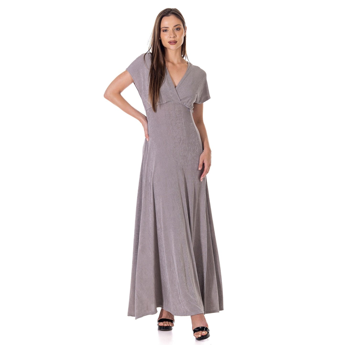 24seven Comfort Apparel Womens Flutter Sleeve Metallic Knit Maxi Dress Front Slit Empire Waist