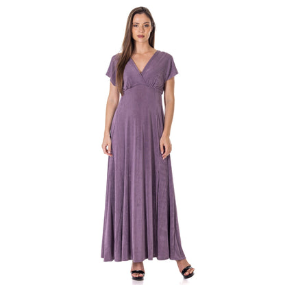 24seven Comfort Apparel Womens Flutter Sleeve Metallic Knit Maxi Dress Front Slit Empire Waist
