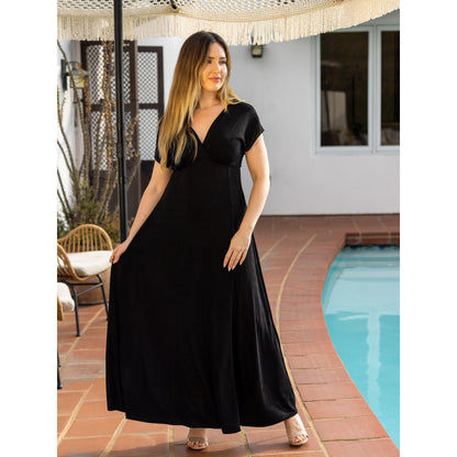 24seven Comfort Apparel Womens Flutter Sleeve Metallic Knit Maxi Dress Front Slit Empire Waist