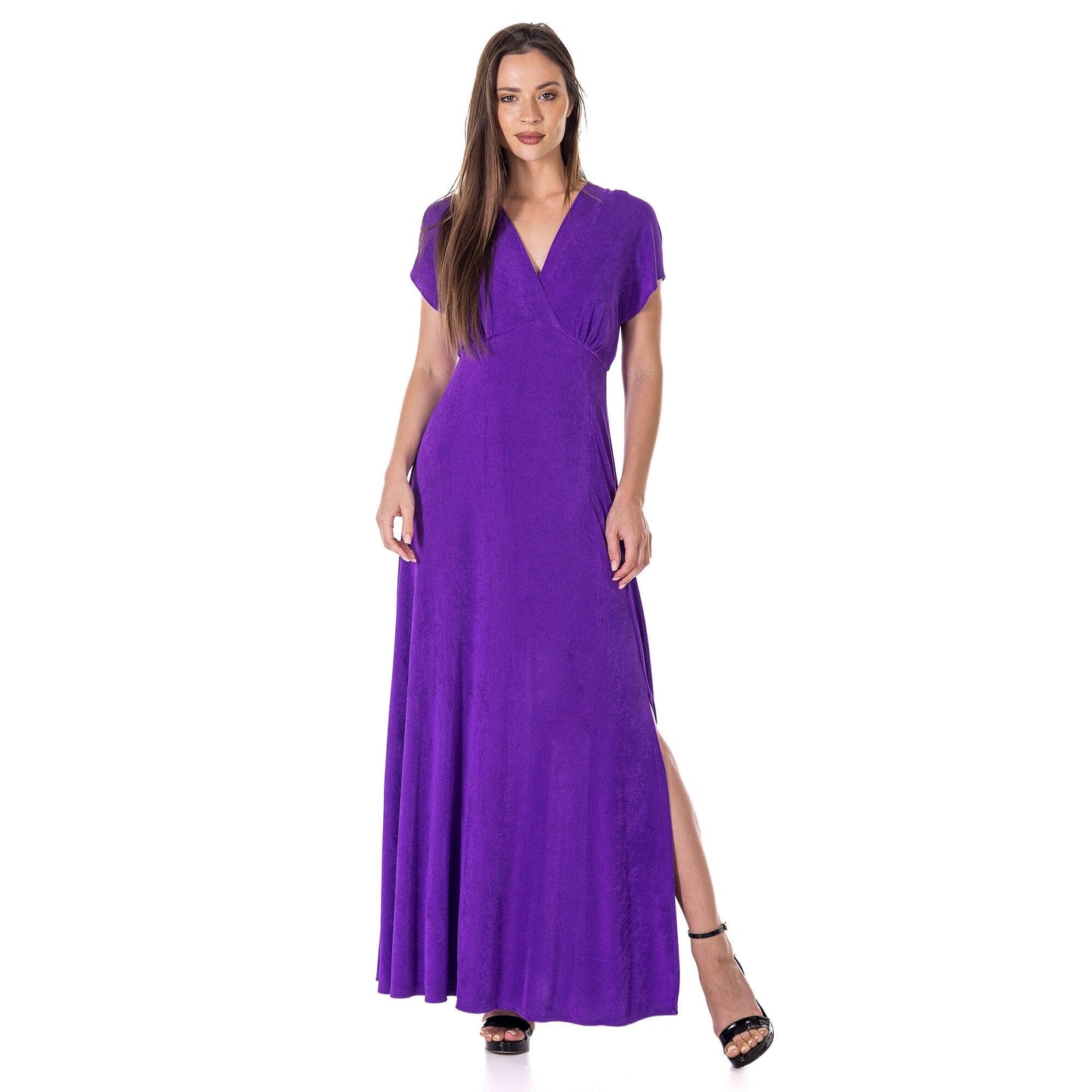 24seven Comfort Apparel Womens Flutter Sleeve Metallic Knit Maxi Dress Front Slit Empire Waist