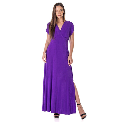 24seven Comfort Apparel Womens Flutter Sleeve Metallic Knit Maxi Dress Front Slit Empire Waist