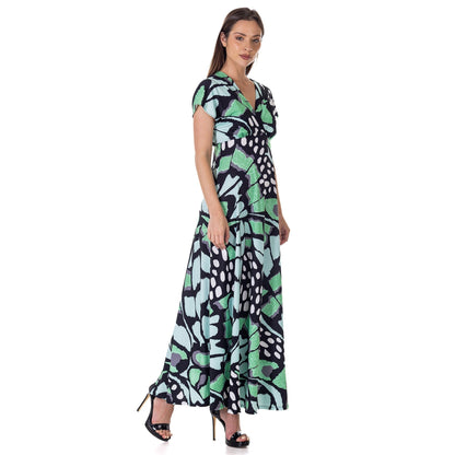 24seven Comfort Apparel Womens Oversized Butterfly Print V Neck Empire Waist Cap Sleeve Maxi Dress