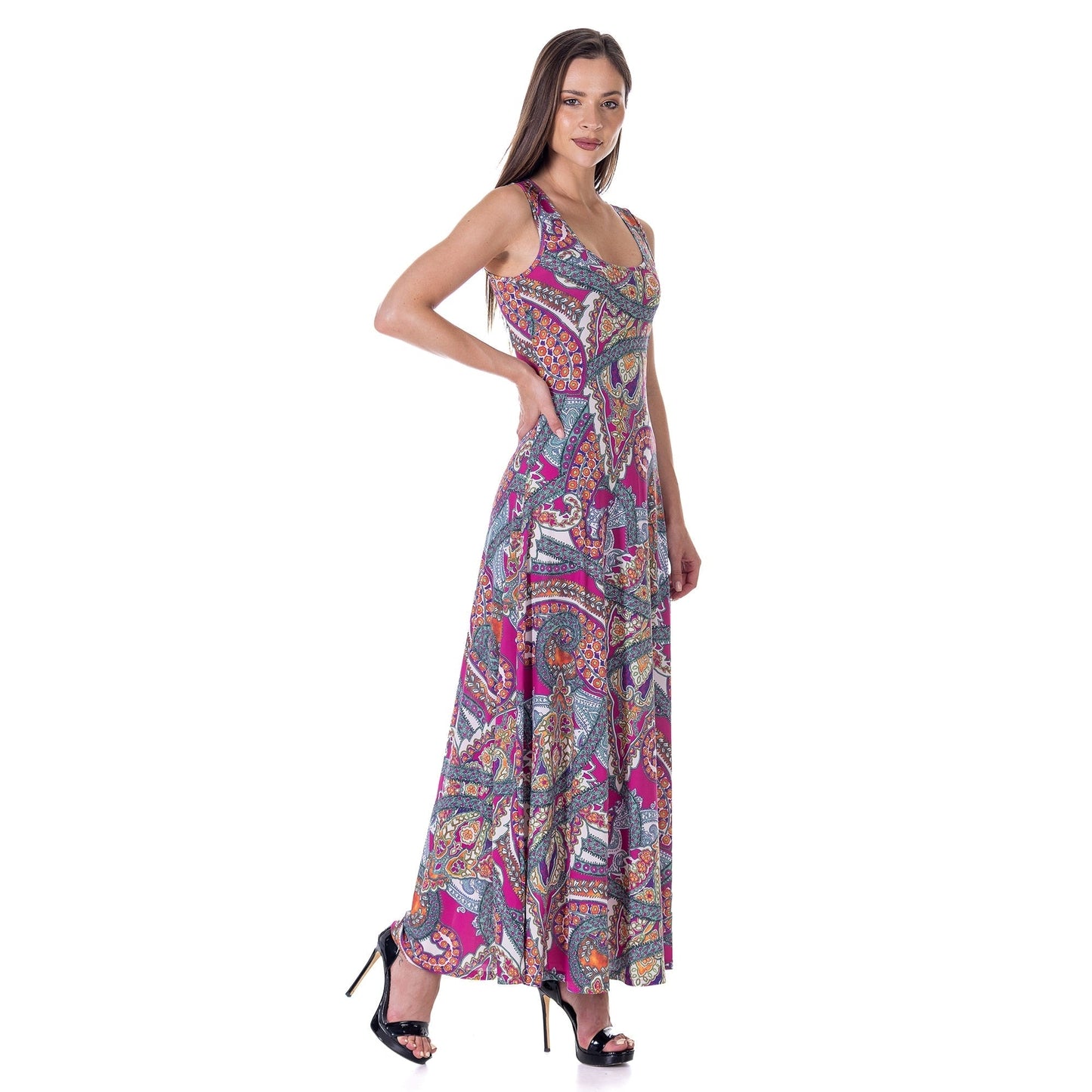 24seven Comfort Apparel Womens Pink Paisley Print Scoop Neck A Line Sleeveless Maxi Dress